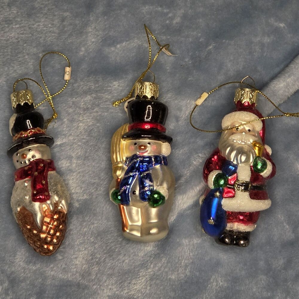 Vintage Blown Glass Christmas Ornaments Lot of 3 Snowmen & Santa Top Hat Glitter